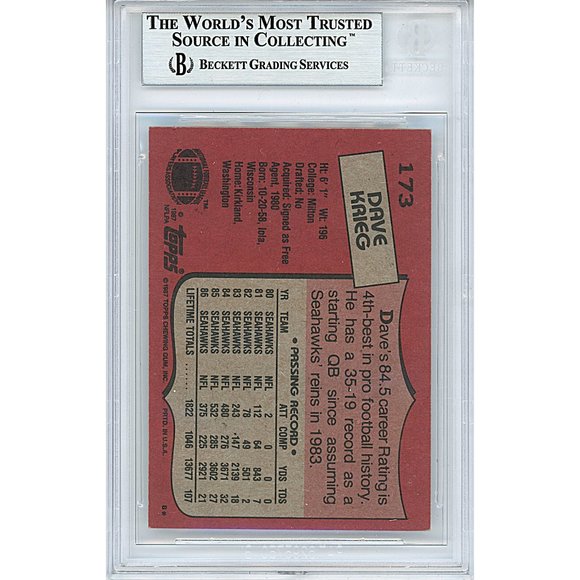 Dave Krieg Seahawks Signed 1987 Topps Football Card Beckett BAS Autograph Slab - Picture 3 of 5